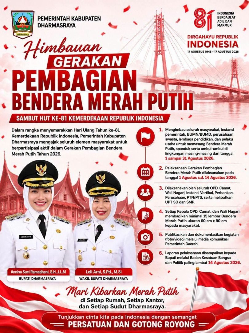 Pemkab Dharmasraya Ajak Masyarakat Semarakkan HUT RI ke-81 Lewat Gerakan Pembagian Bendera Merah Putih