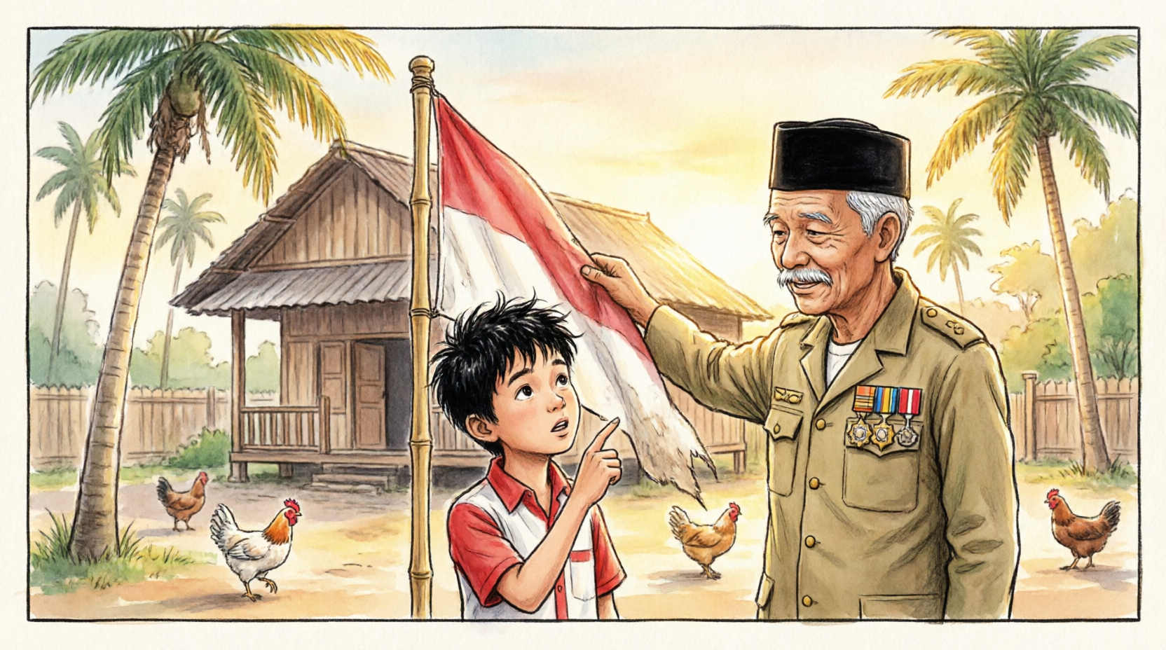 Panel 1: Pagi di Desa Sukamaju. Bima menunjuk bendera tua yang pudar di tiang bambu, sementara Kakek tersenyum mengusap bendera itu.