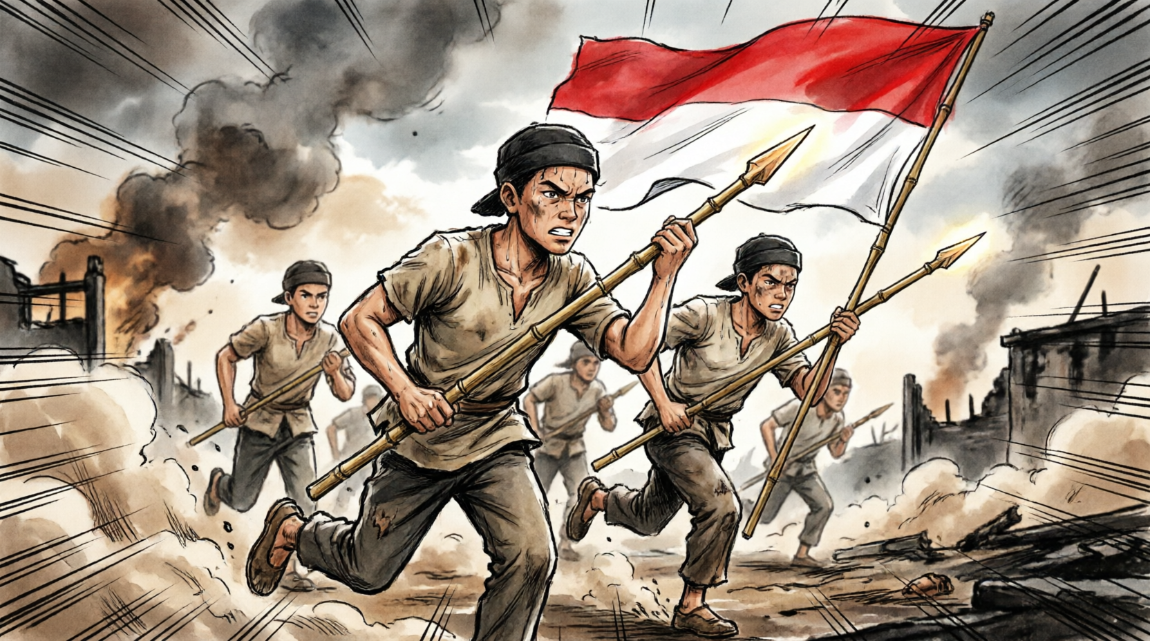 Panel 2: Flashback 1945. Kakek versi muda dan para pejuang membawa bambu runcing, mengibarkan merah putih di tengah asap pertempuran.