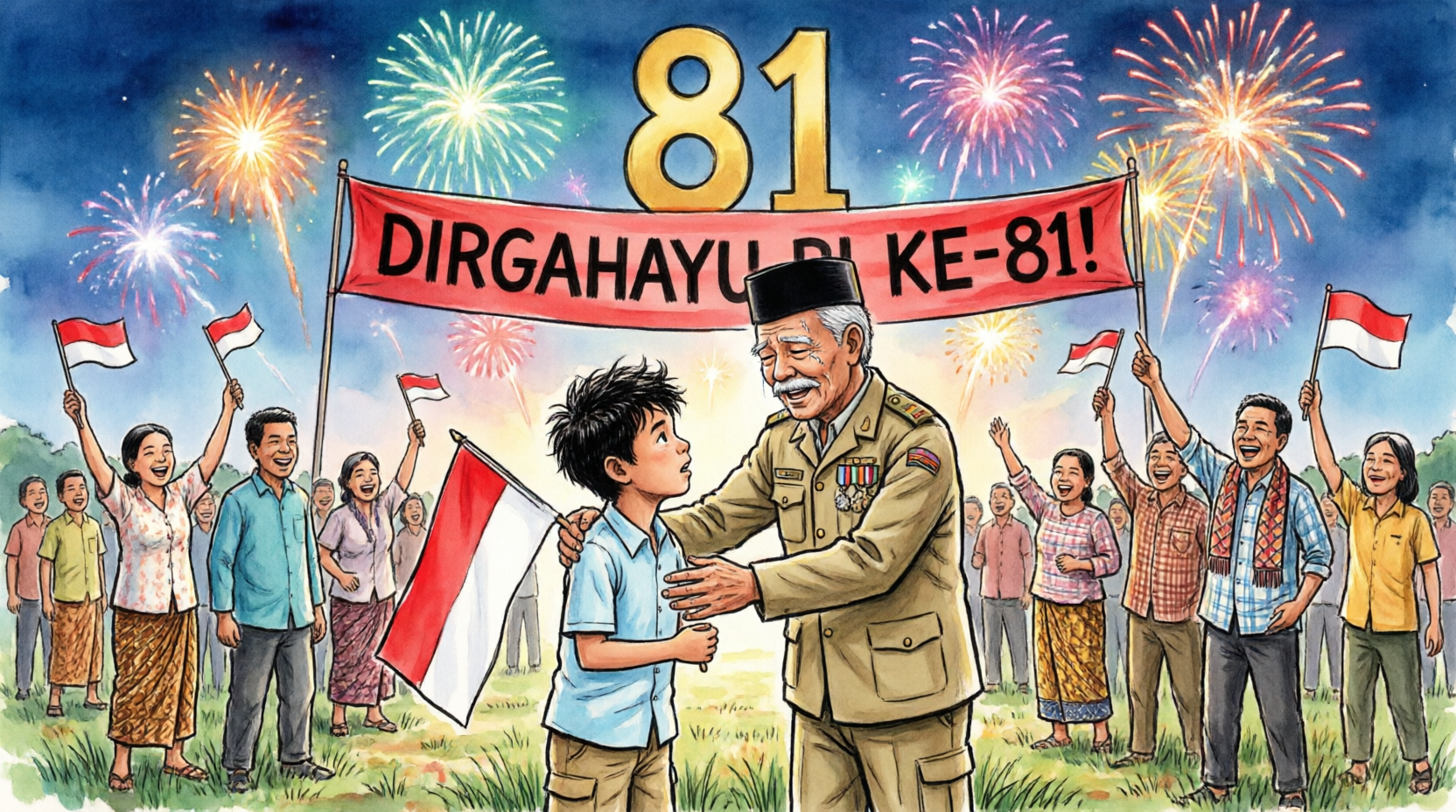 Panel 4: Lapangan desa, 17 Agustus. Bima menyerahkan bendera jahitannya kepada Kakek yang memeluknya haru. Warga bersorak, kembang api menyala, banner DIRGAHAYU RI KE-81.