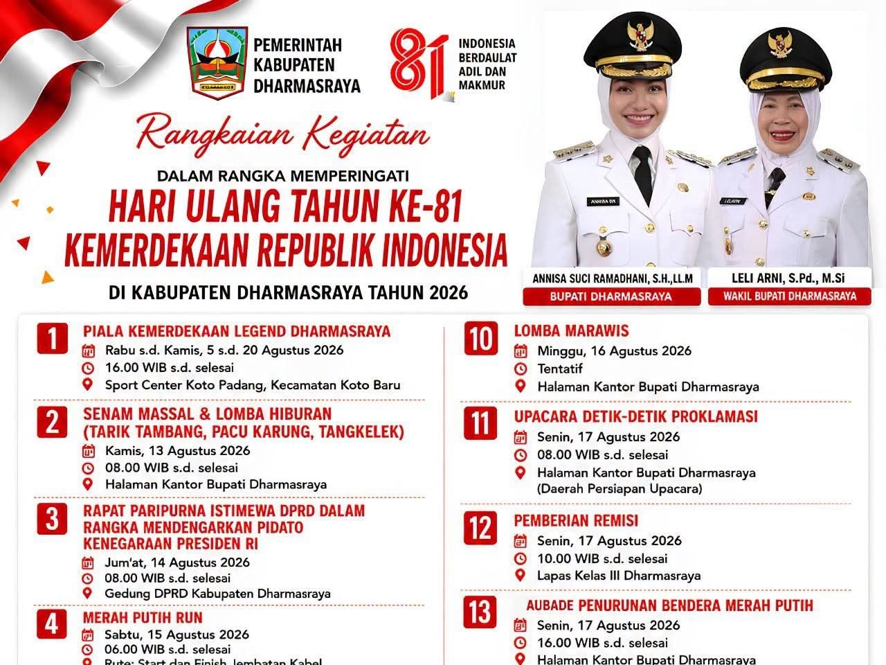 17 Agenda HUT ke-81 RI Disiapkan Pemkab Dharmasraya, Ada Merah Putih Run hingga Selaju Sampan