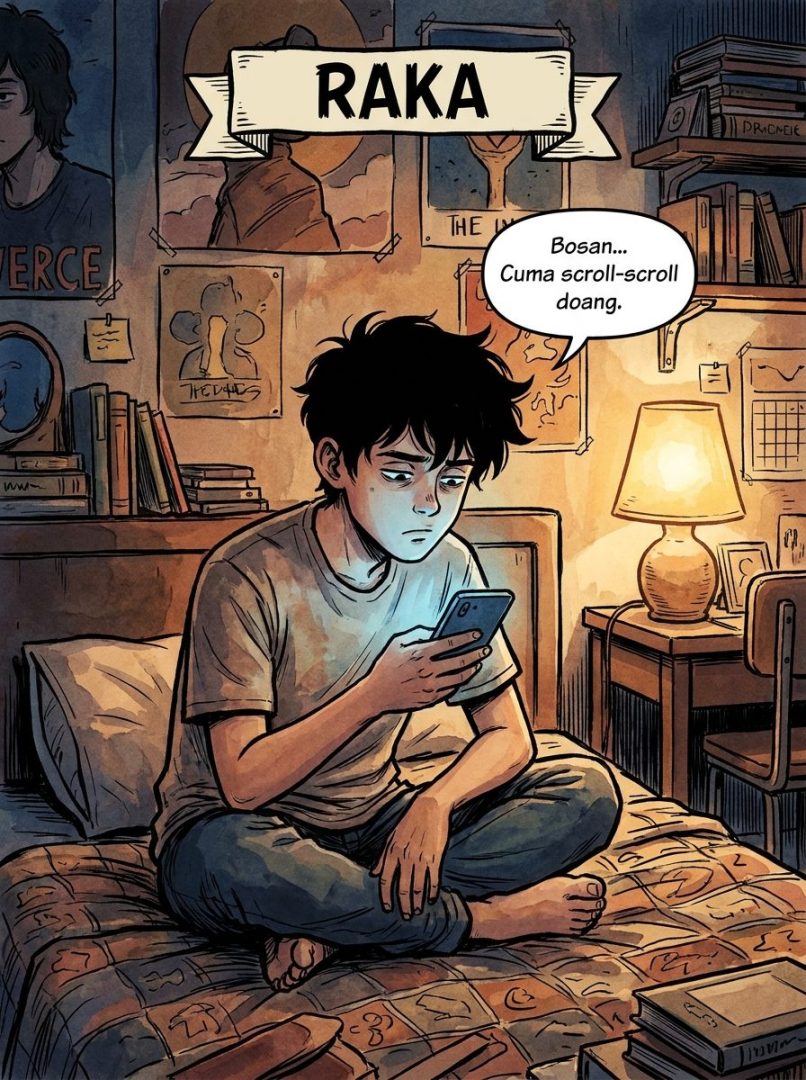 Raka scroll HP di kamar, sore hari